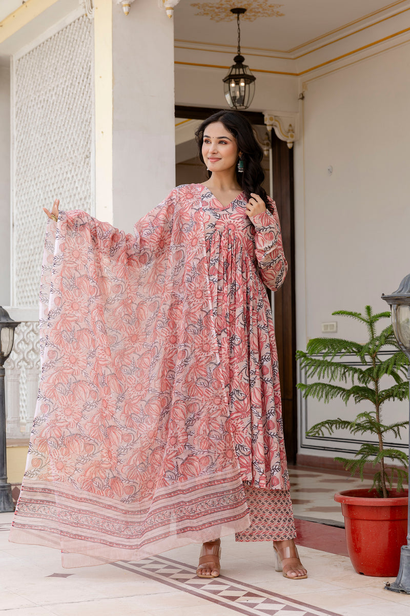 Jasmine peach handblock printed anarkali suit set with kota doria Dupatta