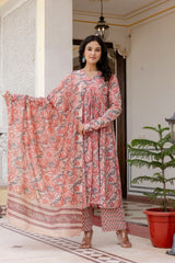 Jasmine peach handblock printed anarkali suit set with chanderi dupatta