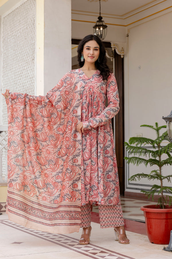 Jasmine peach handblock printed anarkali suit set with chanderi dupatta