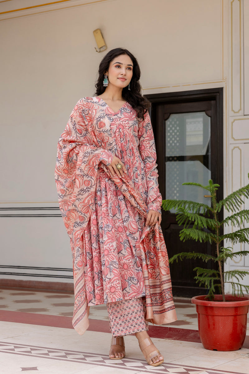 Jasmine peach handblock printed anarkali suit set with chanderi dupatta