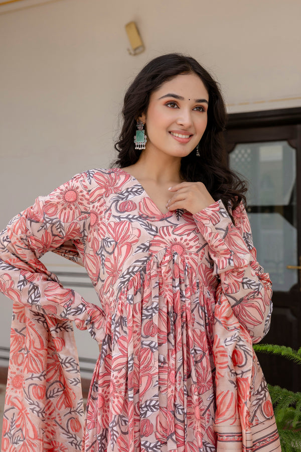 Jasmine peach handblock printed anarkali suit set with chanderi dupatta