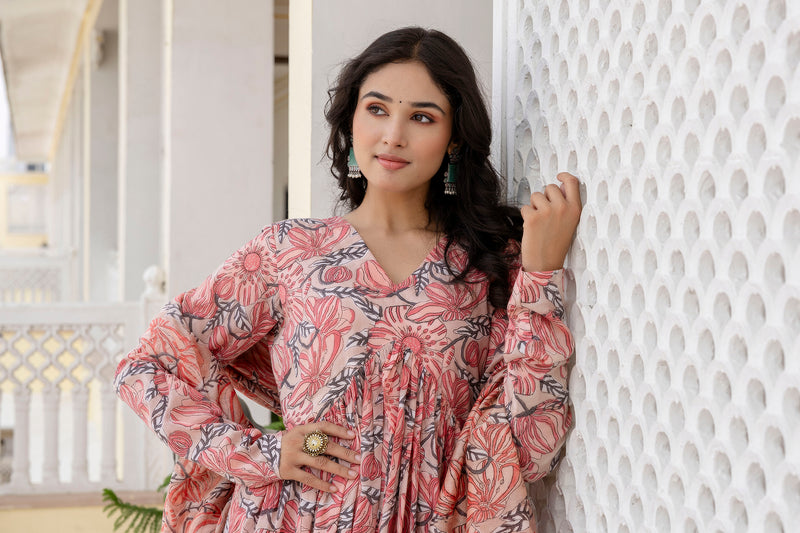 Jasmine peach handblock printed anarkali suit set with chanderi dupatta