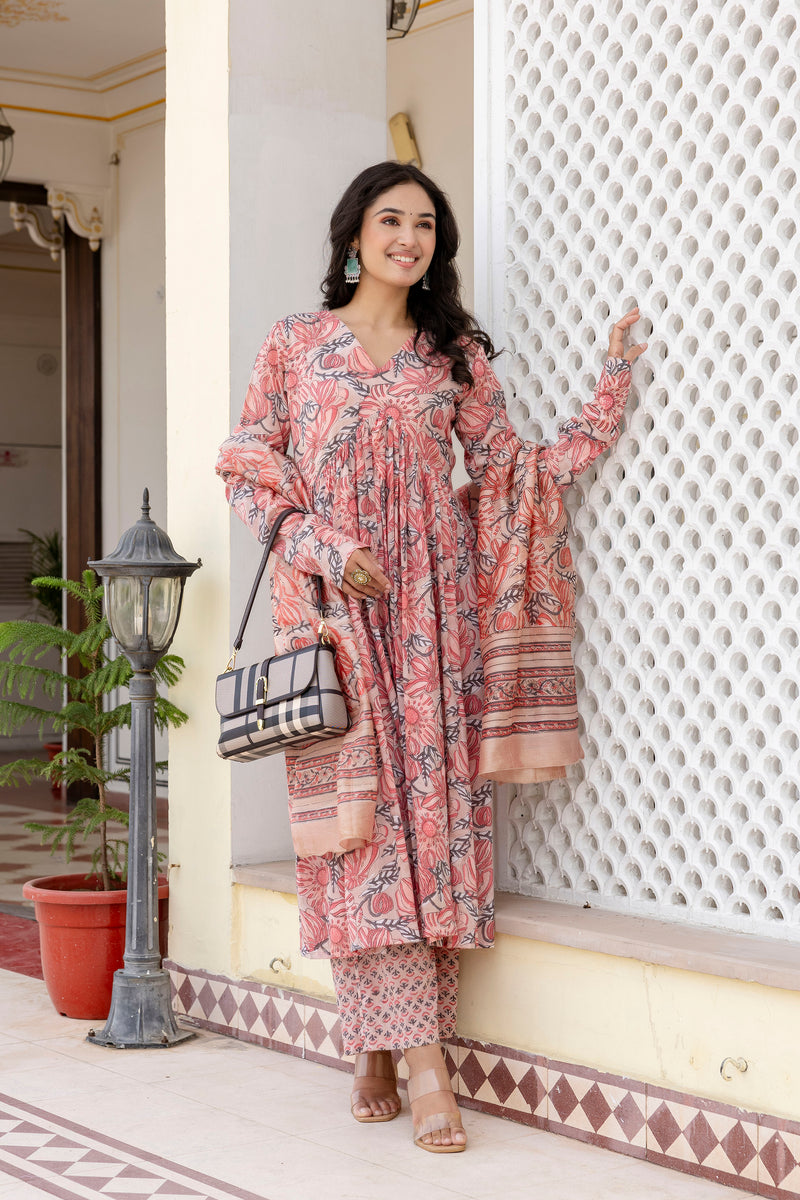 Jasmine peach handblock printed anarkali suit set with chanderi dupatta
