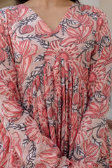 Jasmine peach handblock printed anarkali suit set with kota doria Dupatta