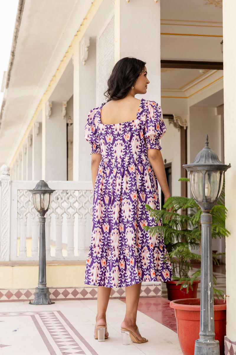 Perfora ikkat purple cotton flared dress