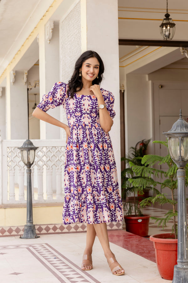 Perfora ikkat purple cotton flared dress