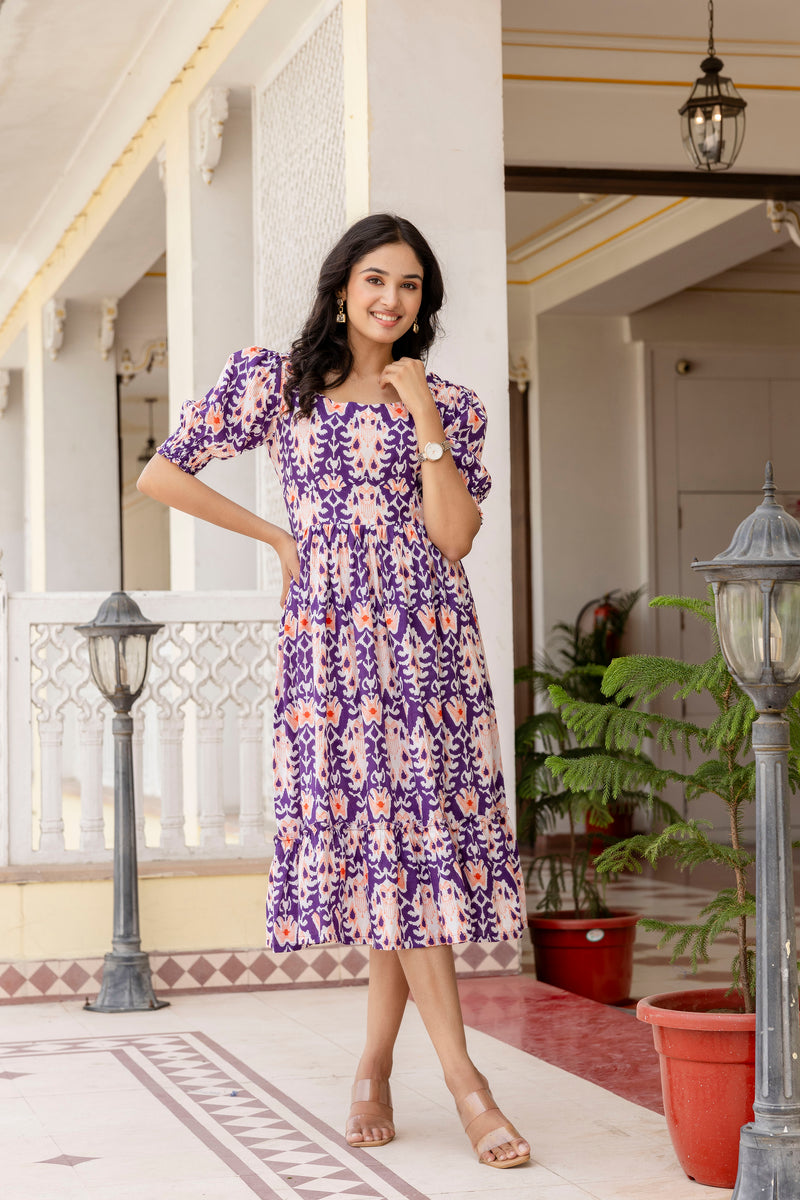 Perfora ikkat purple cotton flared dress