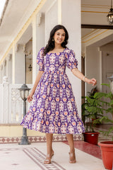 Perfora ikkat purple cotton flared dress