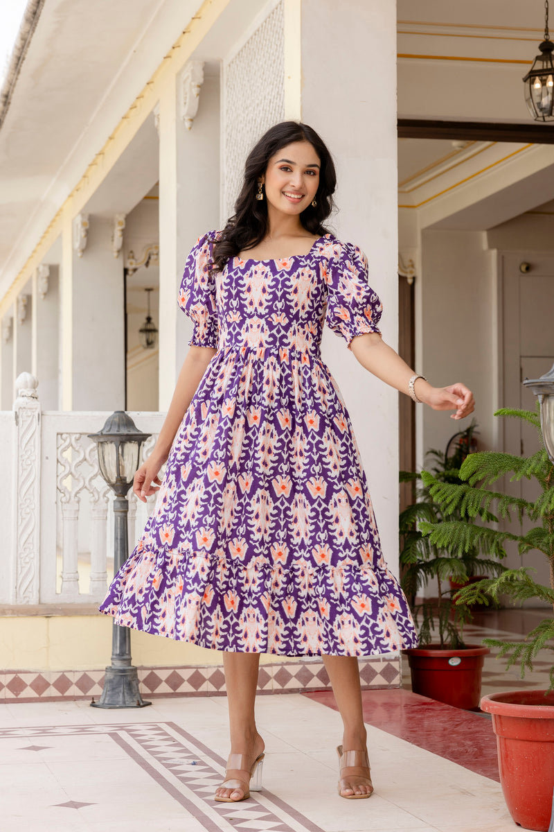 Perfora ikkat purple cotton flared dress