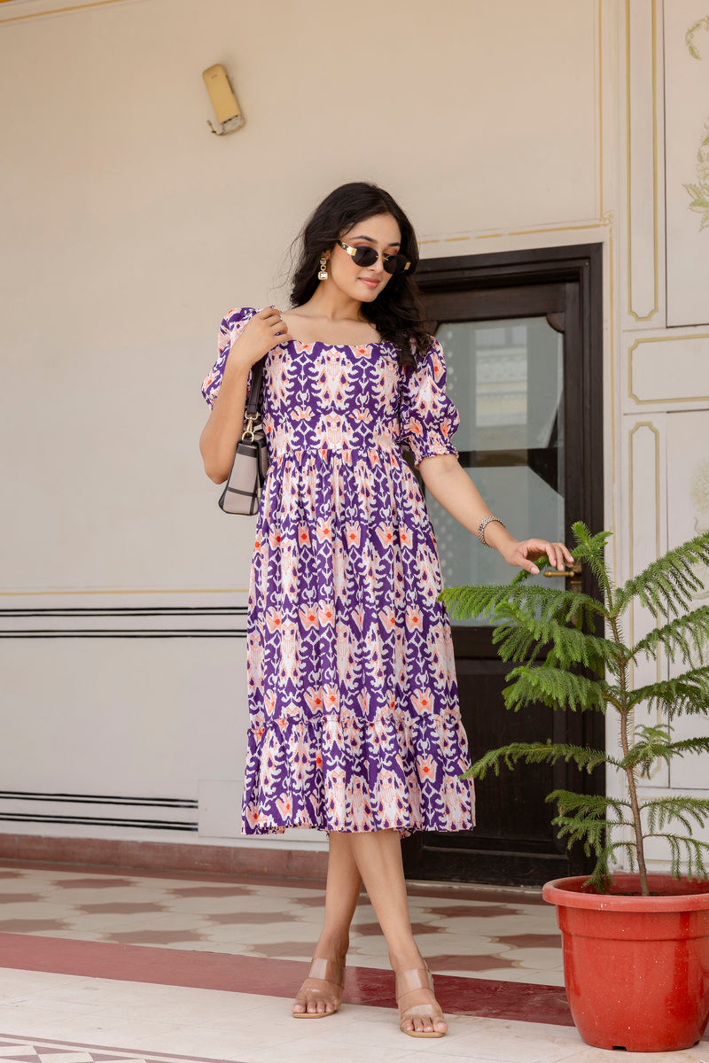 Perfora ikkat purple cotton flared dress
