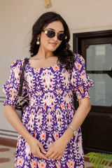 Perfora ikkat purple cotton flared dress