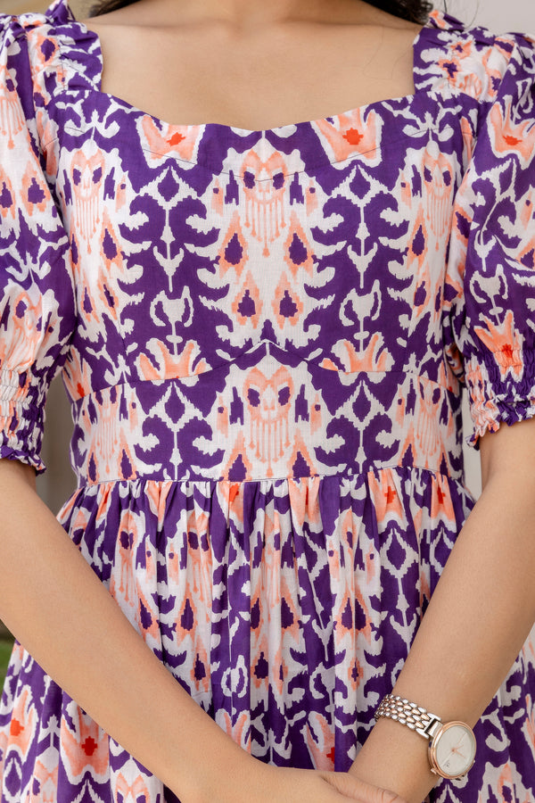 Perfora ikkat purple cotton flared dress