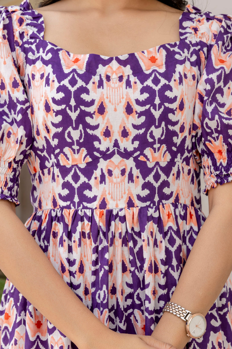 Perfora ikkat purple cotton flared dress