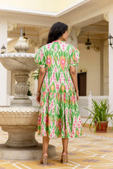 Plum ikkat green cotton dress with puff sleeves