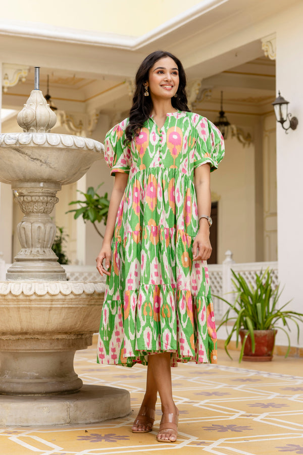Plum ikkat green cotton dress with puff sleeves