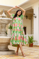 Plum ikkat green cotton dress with puff sleeves