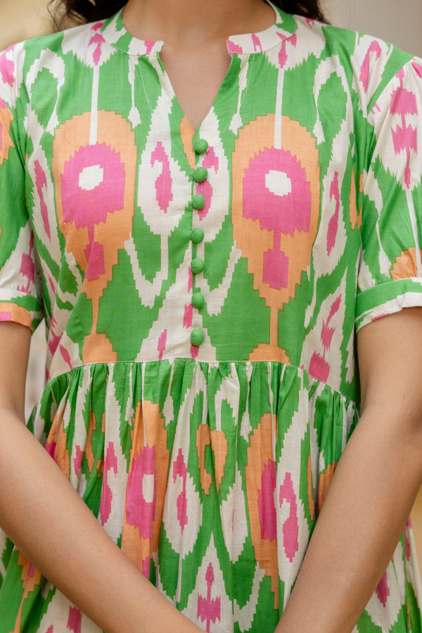 Plum ikkat green cotton dress with puff sleeves