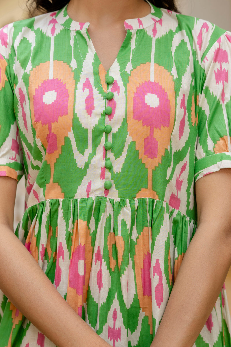 Plum ikkat green cotton dress with puff sleeves