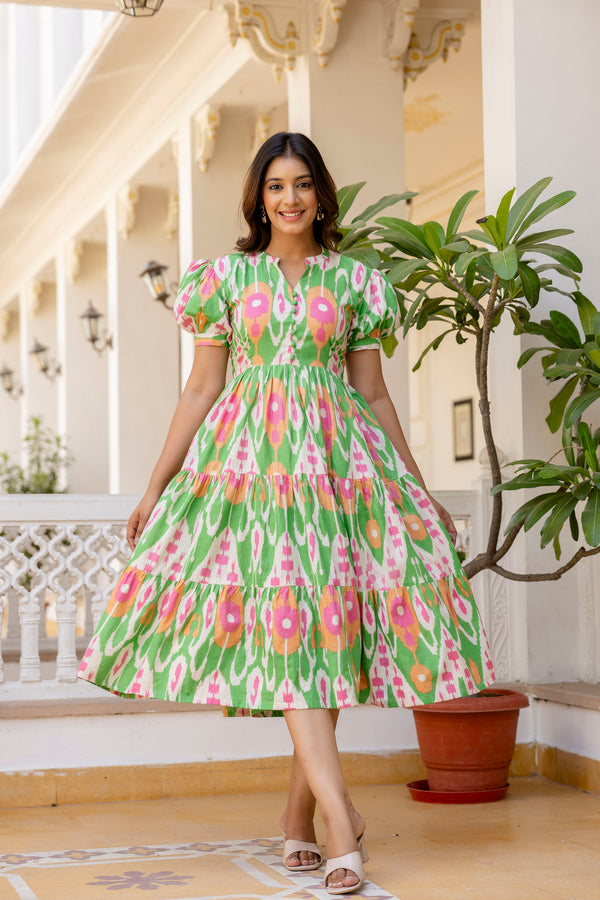 Plum Ikkat Green Cotton Dress With Puff Sleeves