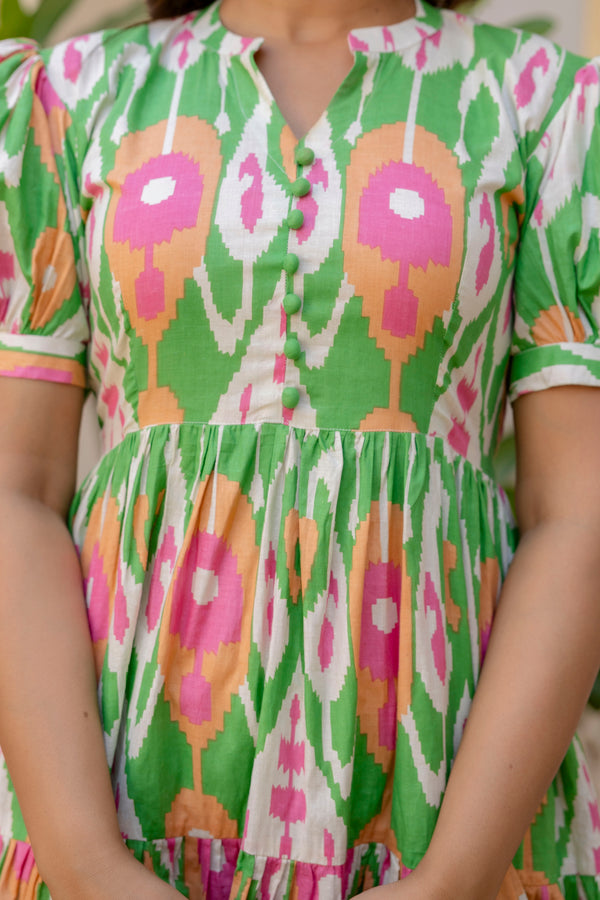 Plum Ikkat Green Cotton Dress With Puff Sleeves
