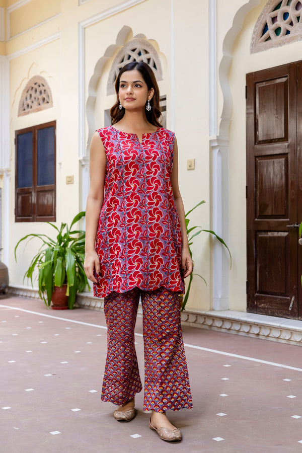 Pihu Handblock Floral Kurta and Pant Set(Plus Size)