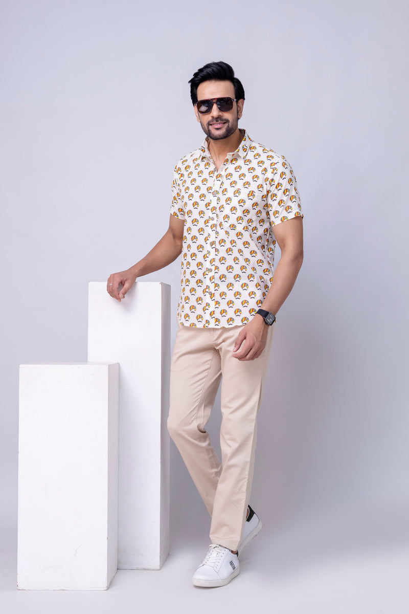 Aaru White Printed Cotton Men’s Shirt