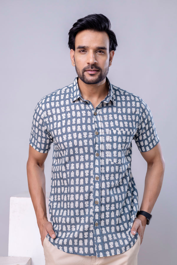 Aaron Light Blue Printed Cotton Men’s Shirt