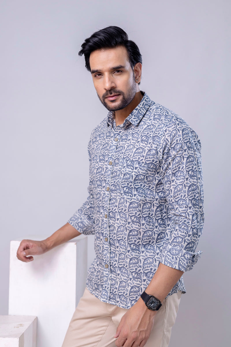 Kavir Light Blue Printed Cotton Men’s Shirt