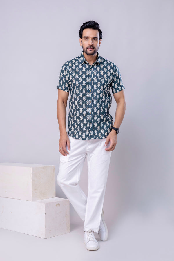 Arav Bottle Green  Printed Cotton Men’s Shirt