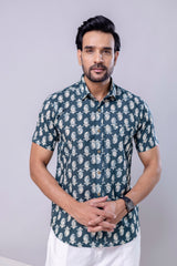 Arav Bottle Green  Printed Cotton Men’s Shirt