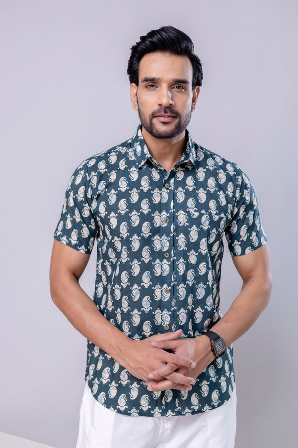 Arav Bottle Green  Printed Cotton Men’s Shirt