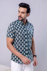Arav Bottle Green  Printed Cotton Men’s Shirt