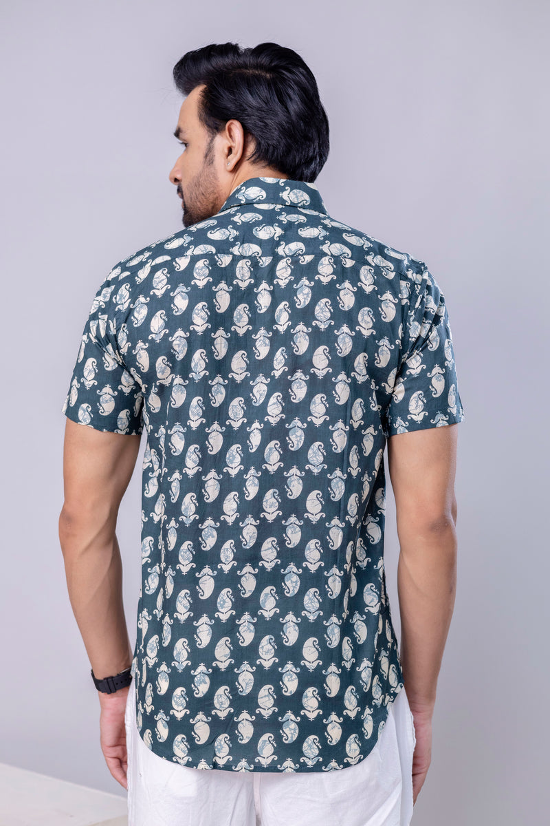 Arav Bottle Green  Printed Cotton Men’s Shirt