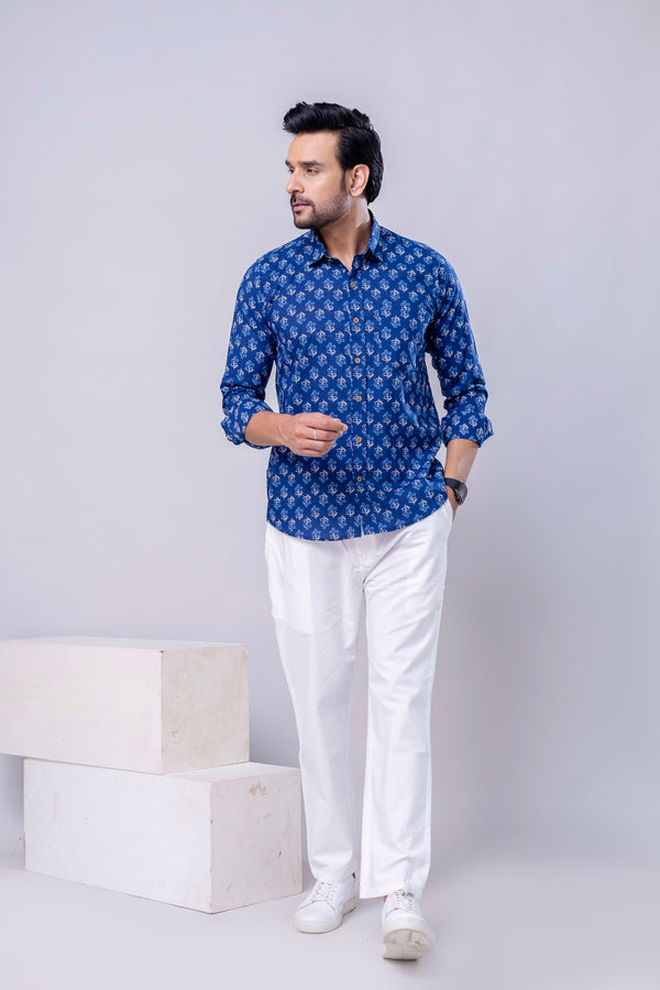 Jaipuri Blue Printed Cotton Men’s Shirt
