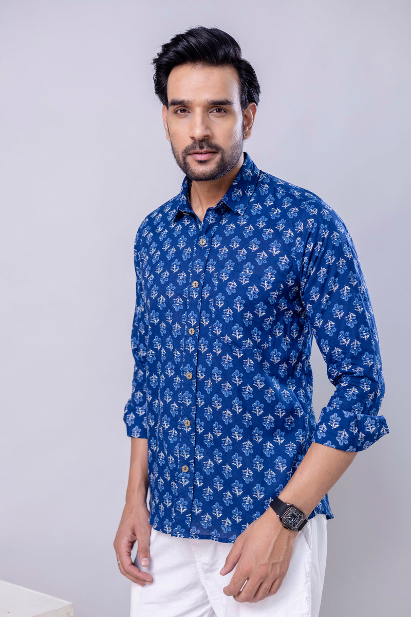 Jaipuri Blue Printed Cotton Men’s Shirt