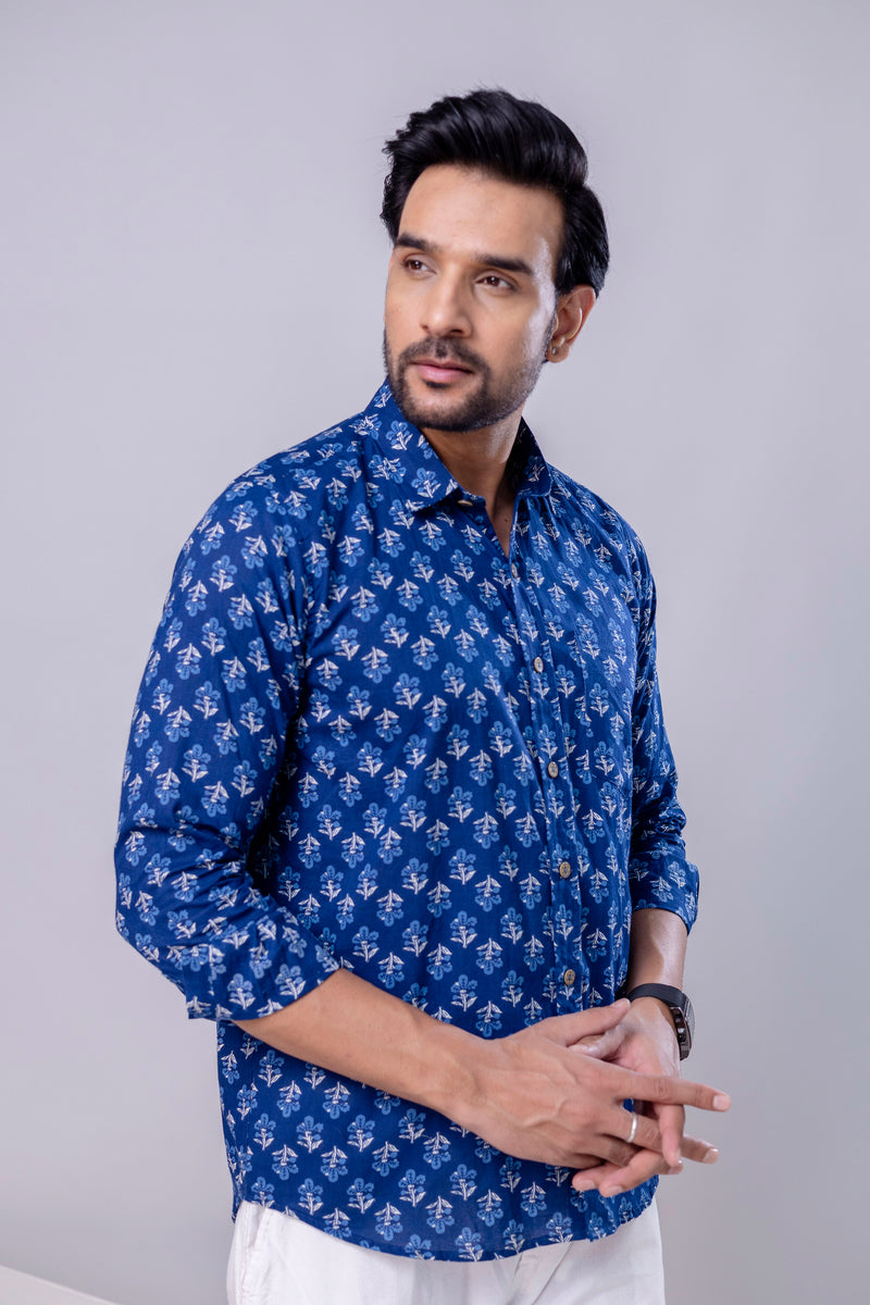 Jaipuri Blue Printed Cotton Men’s Shirt