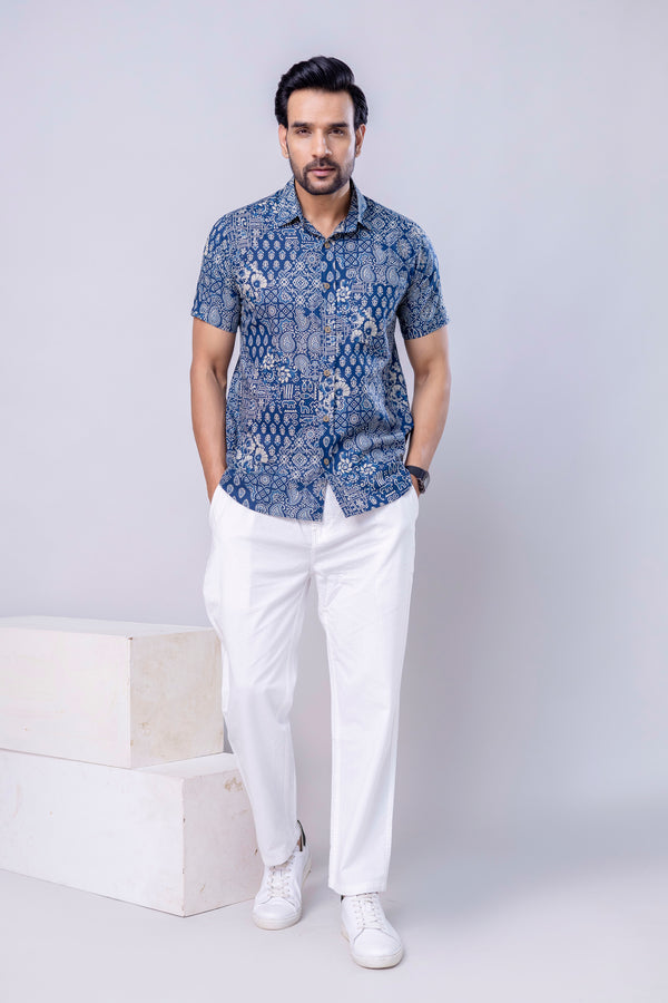 Marwar Blue Printed Cotton Men’s Shirt