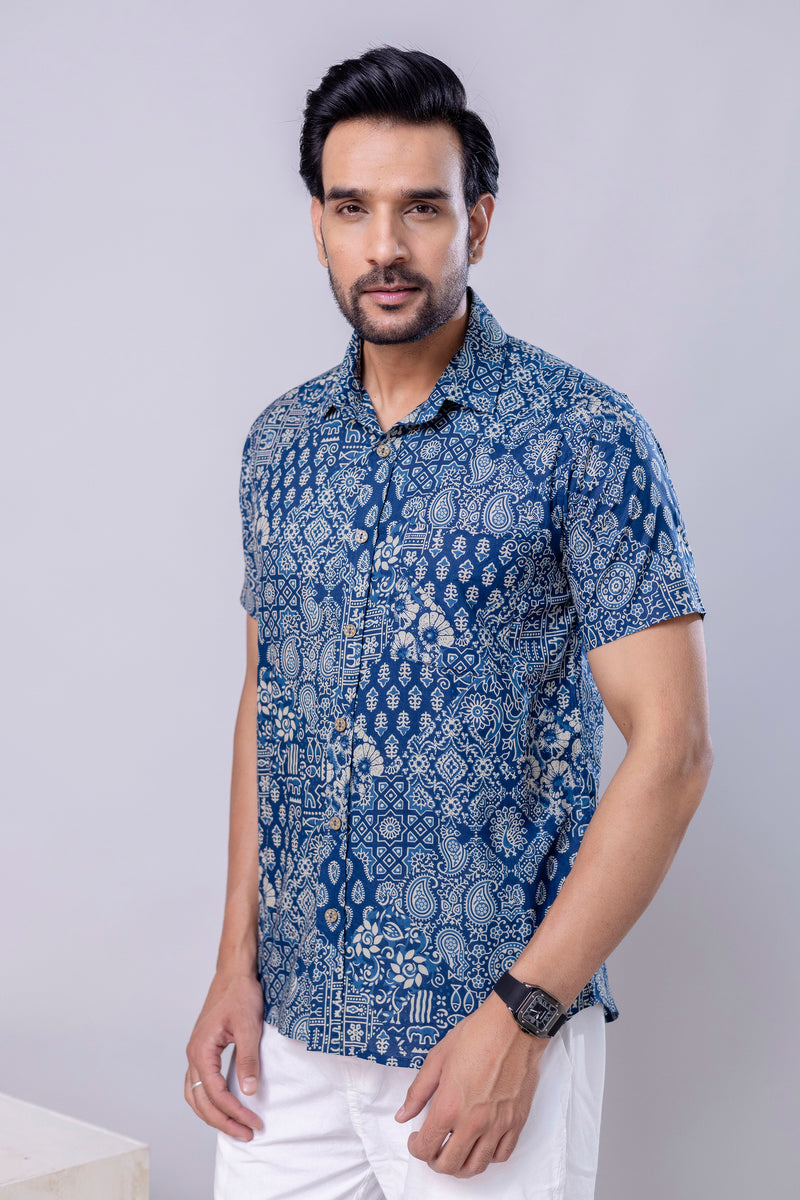 Marwar Blue Printed Cotton Men’s Shirt