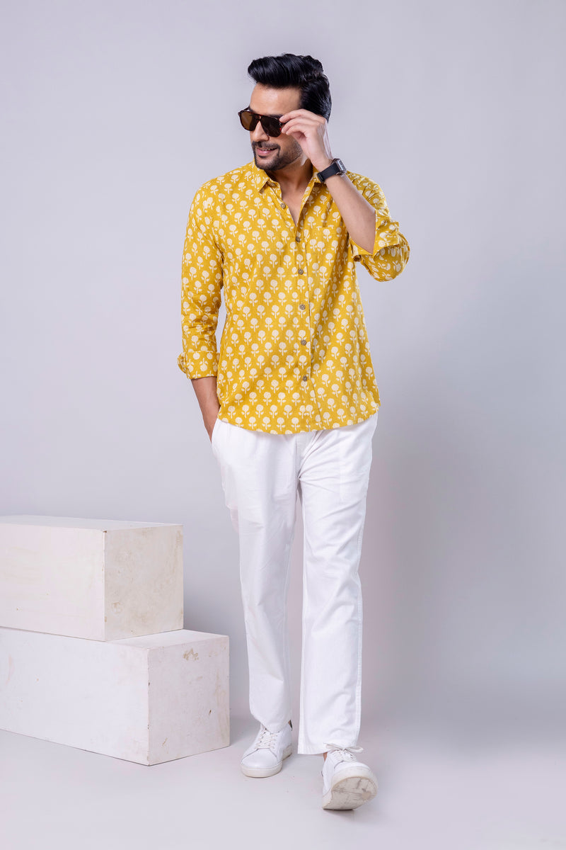 Pulkit Yellow Printed Cotton Men’s Shirt