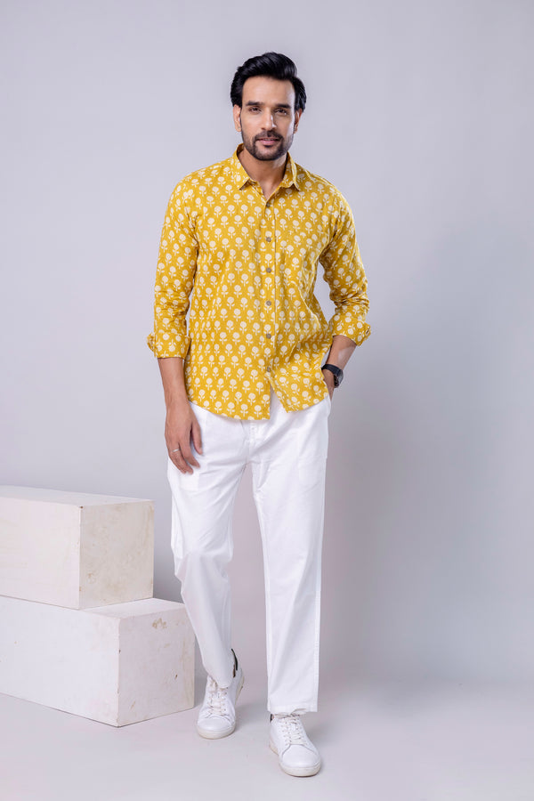 Pulkit Yellow Printed Cotton Men’s Shirt