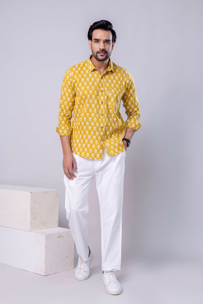 Pulkit Yellow Printed Cotton Men’s Shirt