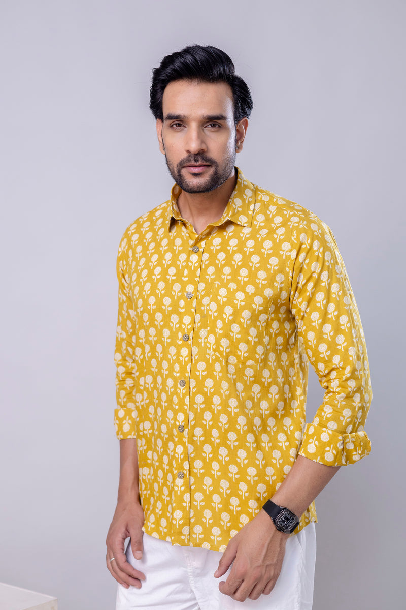 Pulkit Yellow Printed Cotton Men’s Shirt