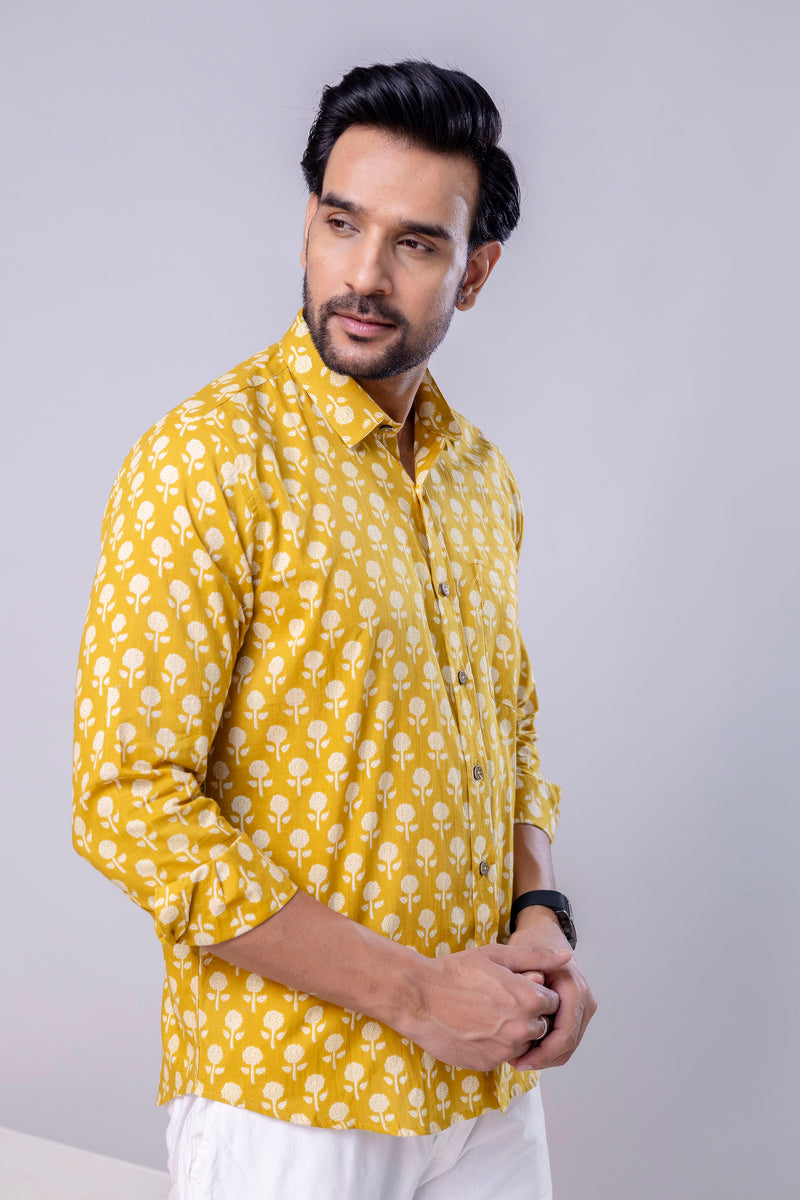 Pulkit Yellow Printed Cotton Men’s Shirt