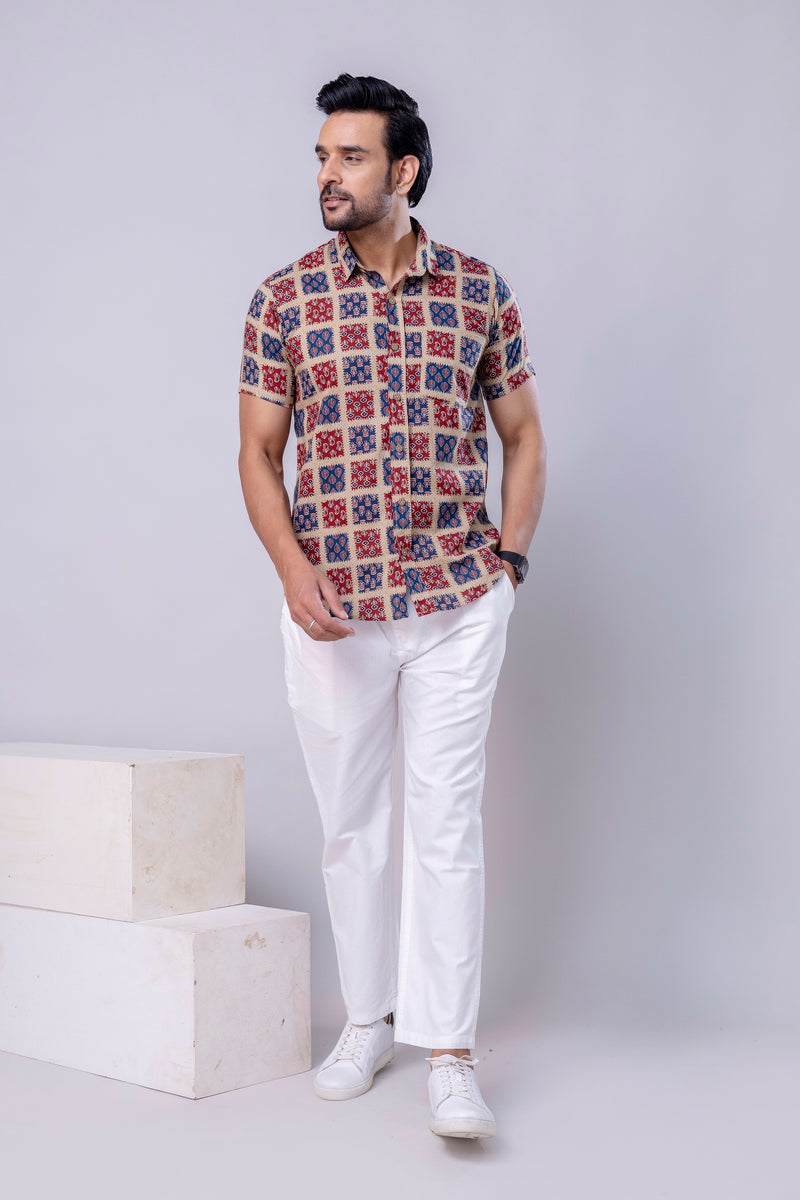Patch Red Printed Cotton Men’s Shirt