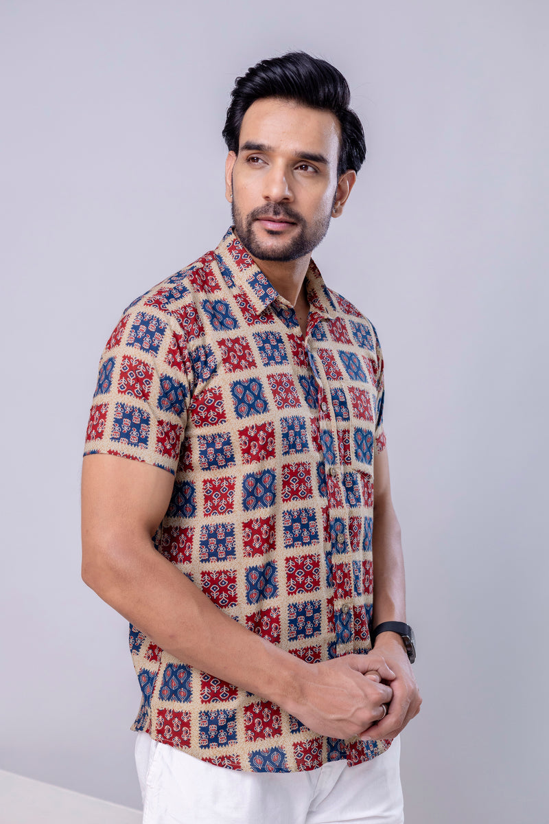 Patch Red Printed Cotton Men’s Shirt
