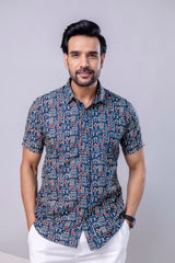 Ocean Blue Printed Cotton Men’s Shirt