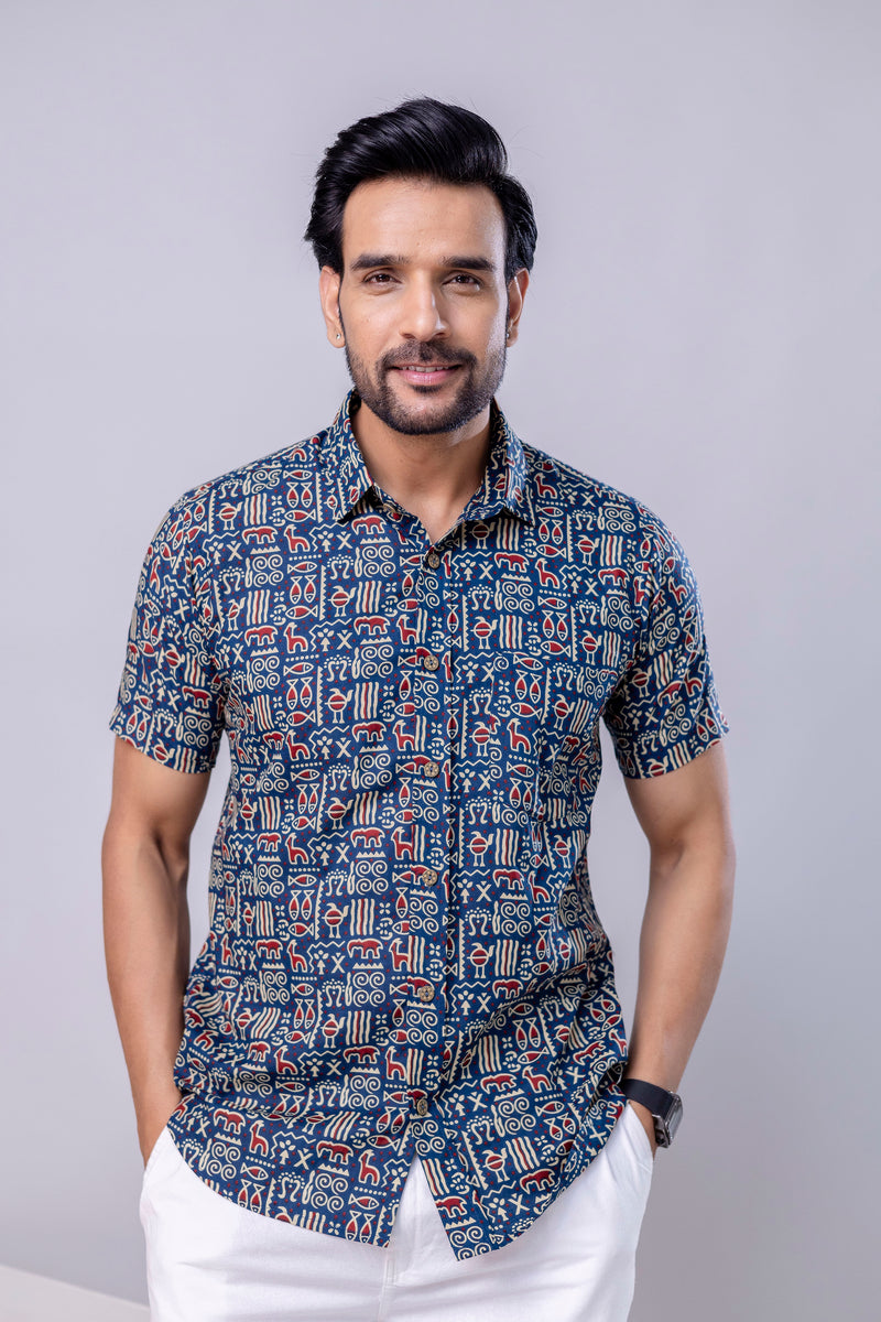 Ocean Blue Printed Cotton Men’s Shirt