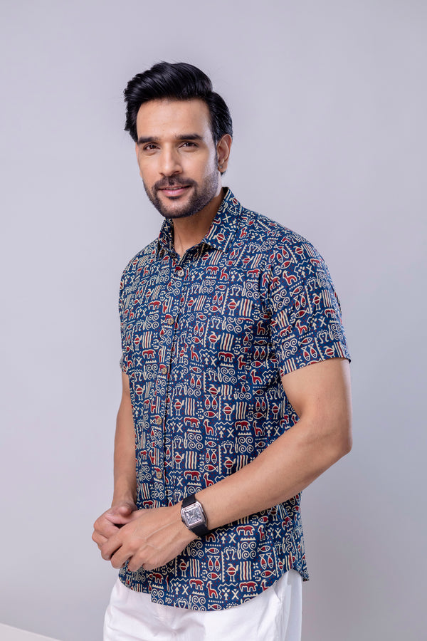 Ocean Blue Printed Cotton Men’s Shirt
