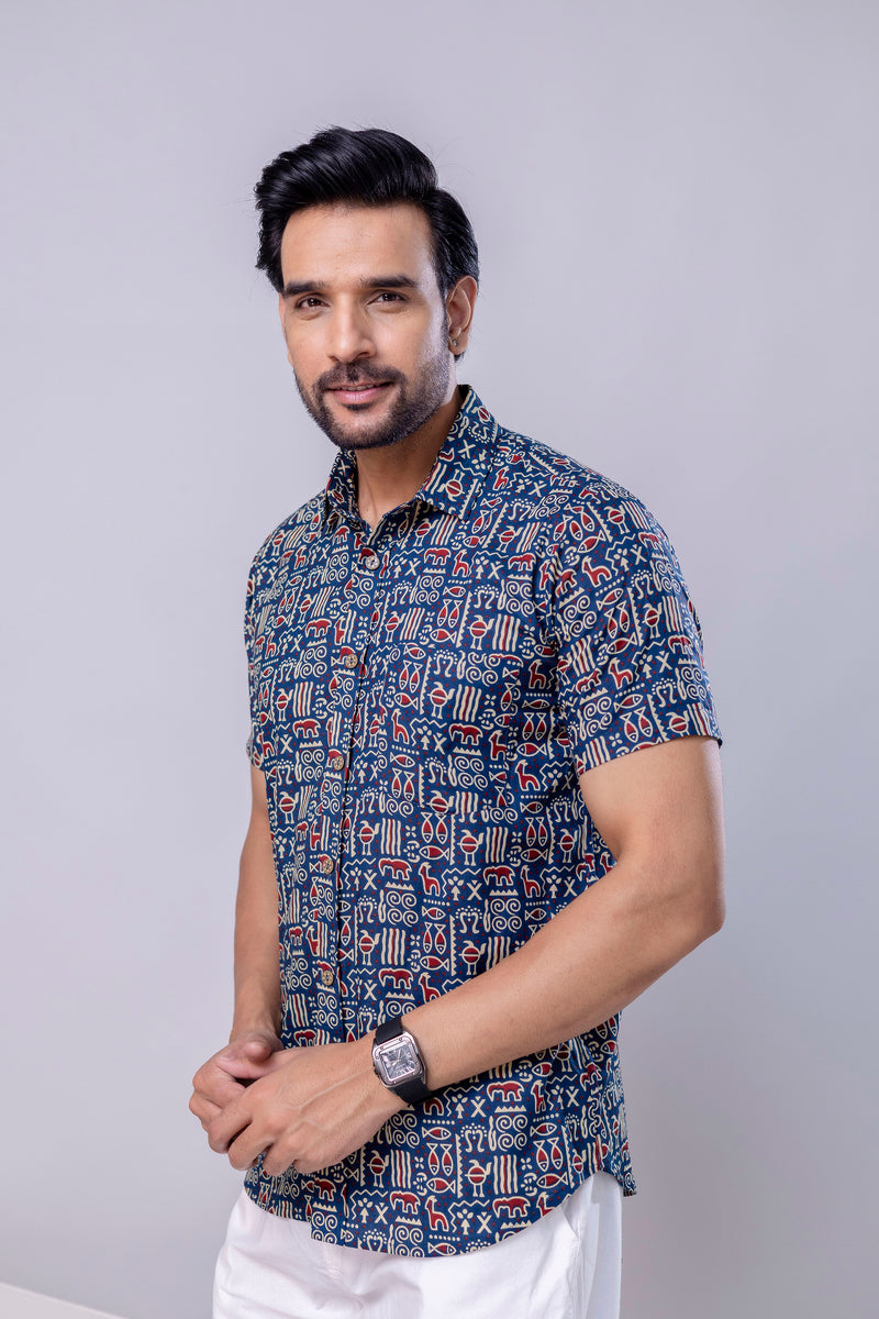 Ocean Blue Printed Cotton Men’s Shirt