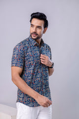 Ocean Blue Printed Cotton Men’s Shirt